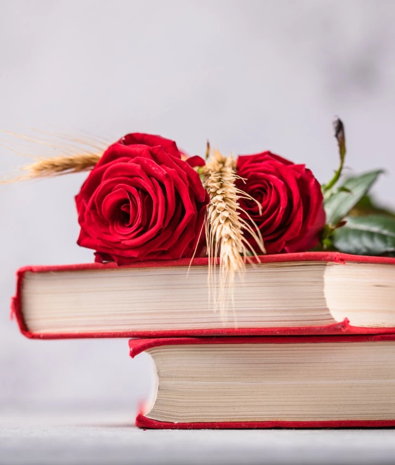Czerwone róże leżące na książce